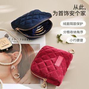 NOBLELUX Diamond Pattern Jewelry Storage Bag Velvet Tassel Zipper Jewelry Organizer Fashion Little Fragrance Wind Earrings Bracelets Display Pouch for Women