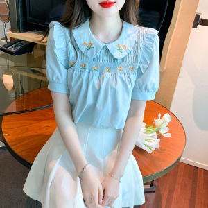 Yige thiết kế cảm giác thêu hàng đầu phụ nữ 2023 cộc tay Mới Mùa Hè Búp Bê Cổ Áo polo sơ mi nữ thời trang và tính khí đi lại phiên bản Hàn Quốc Áo sơ mi