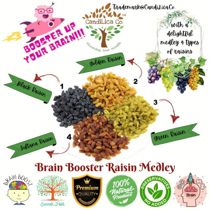 Brain Booster Raisin Medley Premium Imported Mixed 4 Color of Raisin