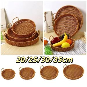 JURHOMIE 20/25/30/35cm Handwoven Rattan Basket with Handle Double Ears Wicker Basket Decorative Plastic Imitation Rattan Storage Tray Cake Display