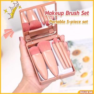 Nurm 5pcs Portable Makeup Brushes with Mirror for Eye Shadow Foundation Blush