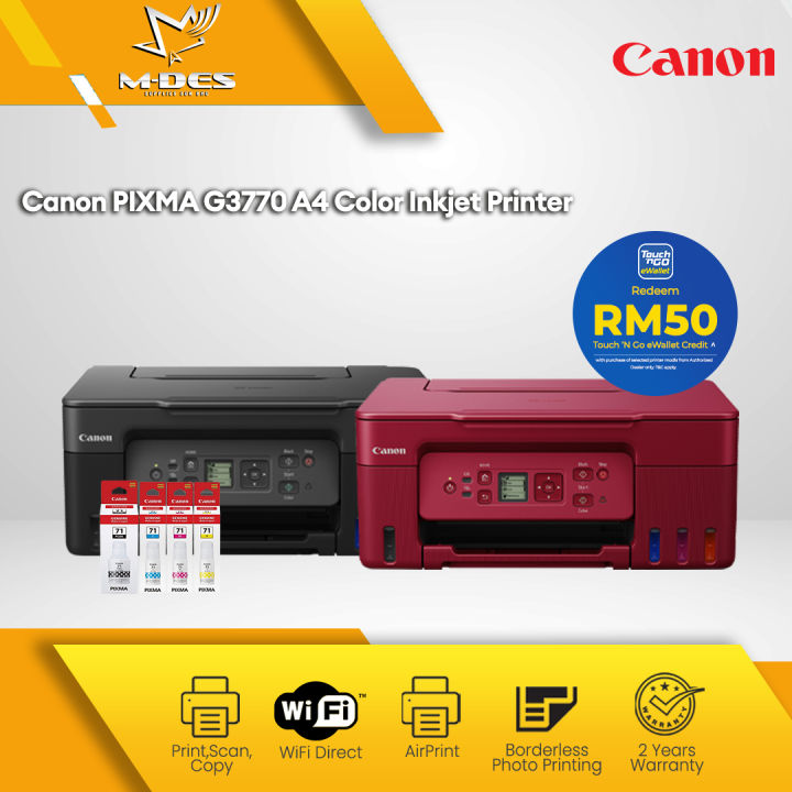 Canon PIXMA G3770 Wireless Refillable Ink Tank Printer ( USB/ Wi-Fi/ Wireless)  Canon GI-71 Ink