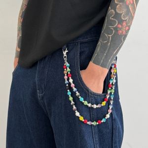 COOLSOOL Beaded Design Waist Chain Belt Colorful Rhinestone Casual Bag Pants Chain  Street Jewelry Keychain Accessory For Men Gift