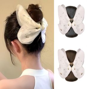 THANKSKY ผีเสื้อสีขาว วิกผมทรงดอกไม้ หัวเครื่องประดับ แป้งทอด ชิ้นผมปลอม แฟชั่น ฟูฟ่อง คลิปหนีบผมแบบชิญง สำหรับผู้หญิง