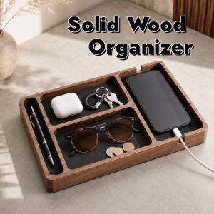 Solid Wood Desktop Storage Tray Multi Compartment Organizer For Phone Earphone Office Home Desk Decor Non Slip