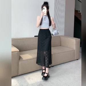 AMMIN กระโปรงยาวลูกไม้กลวงปักลายดอกไม้2024ฤดูร้อนฉบับภาษาเกาหลีของผู้หญิงแฟชั่นเอวสูงยางยืดพิมพ์ลายร้อนเพชรสดใสกระโปรงสวยหรูทรงเอ