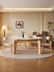 【Customized】Solid Wood Slab Extendable Dining Table and Chair Set Foldable Square/Round Dual-Use Dining Table Seats 6-8