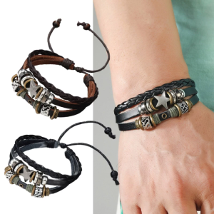 Multi Layer Leather Bracelet Wristband Adjustable Star Beaded Bangle Fashion Woven Bracelet Punk for Women Men