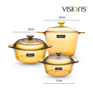 ONLINE | Bộ 3 nồi Thuỷ tinh Visions Pháp - Size Trung 1.25 lít 2.5 lít 3.5 lít Cao - Chính hãng - Made in France