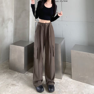 [Sabuk]High Waist Celana Kasual Wanita Celana Kaki Lurus Retro Celana Kaki Lebar Loose Celana Setelan Bertali Celana cargo panjang