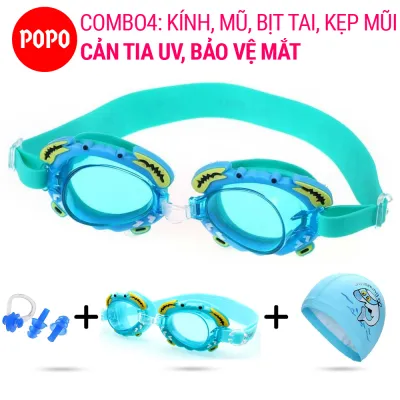 Kính bơi cho bé kính bơi trẻ em hình cua kèm mũ bơi ngộ nghĩnh bịt tai kẹp mũi POPO mắt kính bơi kiếng bơi cho bé trai bé gái chống tia UV chống sương mờ