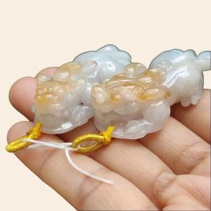 Sales - High Quality Pair of White Yellow Natural Type A Jadeite Jade crafted as Pixiu for Pendant certificate weighs 24.25 / 19.87 grams measurements 50 * 21.3 * 14.1 / 47 * 20.6 * 13.6 mm (pendant292)