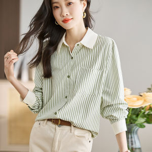 AMMIN Korean Style Color Block Turn-down Collar Fashion Green Vertical Striped Design Commuter Chiffon Blouse for Women 2025 Spring New Single-breasted Long Sleeve Elegant Blouse