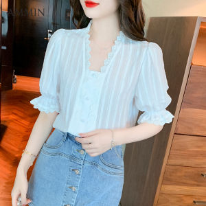 AMMIN 2023 new summer French retro sweet embroidery hollow lace v neck short sleeve elegant blouse womens Korean style puff sleeve design striped cotton shirt female ins tops