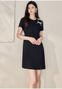 Đầm chữ A công sở cổ tròn tay ngắn đính nơ trắng vai nhã nhặn tinh tế