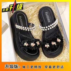 [Free Shipping] Fashionable Floral Print Sandals For Women New Summer Style Thick-Soled Versatile For Both Indoor And Outdoor Wear With Pearl Embellishments Casual Shoes