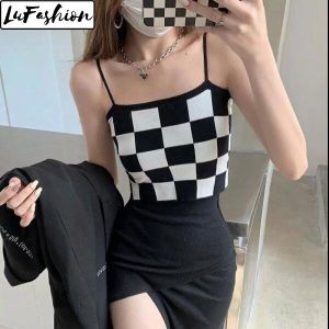 LuFashion Crop Tops for Women Checkerboard Camisoles Knit Tanks Fashion Tube Top