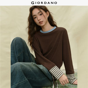 Giordano Women Contrast Color Round Neck Patchwork Striped Long Sleeve T-Shirt Free Shipping 18325526