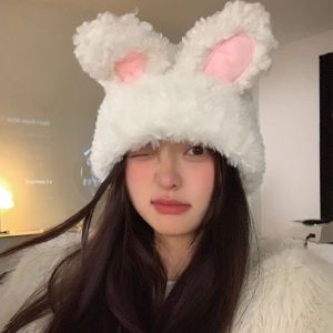 SKINJOY Fluffy Rabbit Ear Beanies Elastic Solid Color Winter Outdoor Warm Cap Foldable Comfortable Knitted Plush Hat Winter Season