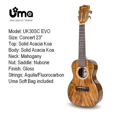UMA UK30SC EVO Solid Acacia Koa Body Concert Ukulele