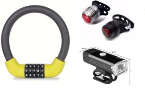 Khóa xe đạp 5 số vàng + Đèn pha siêu sáng Tặng 1 đèn led hậu