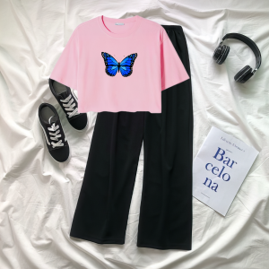 Setelan Anak Tanggung / ABG Kaos Crop Motif Butterfly Dan Celana Kulot