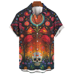 ZEEMIN Day Of The Dead Shirts For Men Skull Mens Shirt 3d Printed Short Sleeved Tops Street Retro Loose Oversized Shirts Men Clothing
