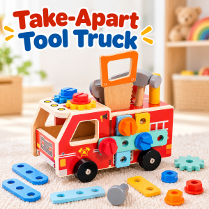 Wooden Toy Tool Cart for Kids – Montessori Disassembly & Assembly Set with Gears Saw and Hammer – Role-Play Gift for Developing Fine Motor Skills