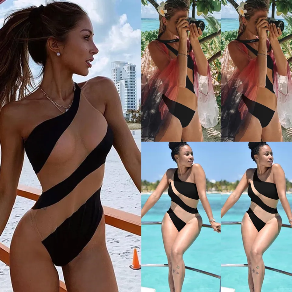 Women One Piece Swimsuit Sheer Mesh Swimwear Bathing Suit Romper