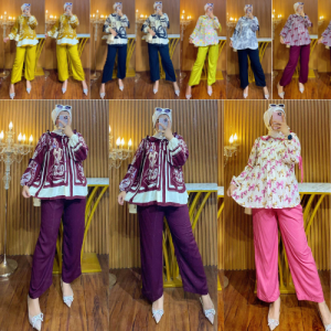 Setelan Rayon Kombinasi Motif kekinian one set kemeja wanita dewasa terbaru 2025