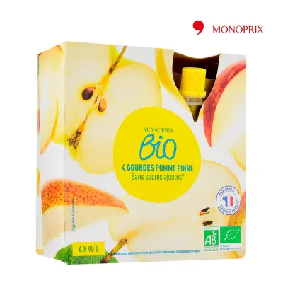 Monoprix Organic No Added Sugar Apple Pear Compote (Applesauce Puree) 4X90G