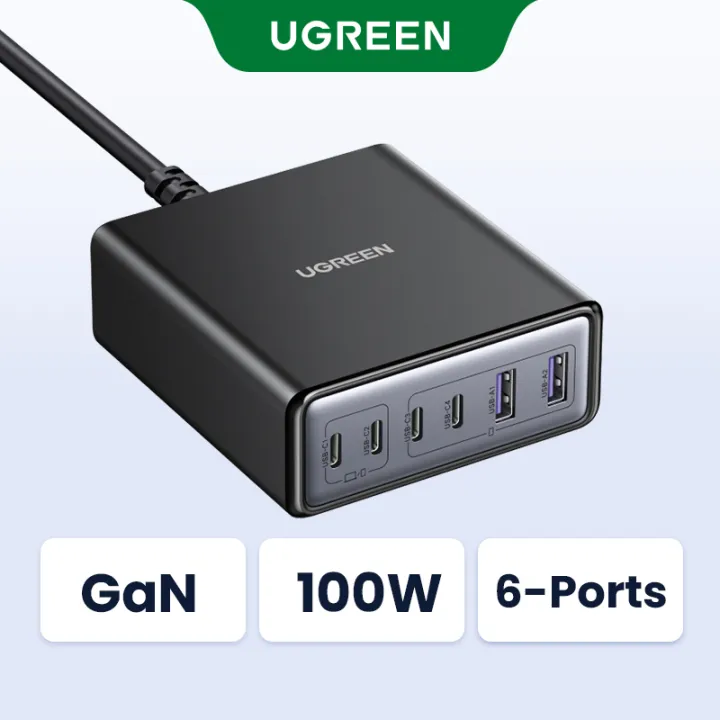 UGREEN GaN 6-Port PD 100W 4*Type C 2*USB A Desktop Smart Fast Charger Type-C Simultaneous Power Supply Multiple Ports for Thinkpad T14 MacBook Pro/Air, iPhone