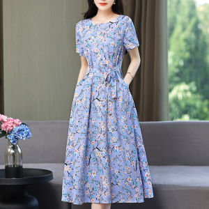 Elegant Korean Floral Print Mid Dress A-Line Round Neck Short Sleeve Plus Size