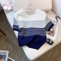 Ice Silk Top Women's Fashion Color Blocked Thin Knit Sweater for Commuting. 