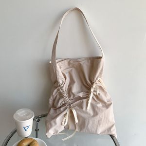 IU MISS Korean Style Bow Drawstring Bag Fold Bowknot Nylon Ruched Shoulder Bag Fashionable Large Capacity Silver Tote Bag Women