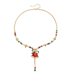 Festive Beaded Necklace Christmas Bell Pendant Collarbone Chain With Extender Chain For Daily Outfits