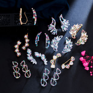 SEQUITO 2024หูเครื่องประดับรุ้ง CZ Zircon ขนนกหัวใจต่างหูแบบหนีบด้วยการเจาะทองทันสมัยชุบเงินต่างหูตุ้มหูผู้หญิงหญิงสาวของขวัญ SE577