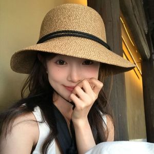 CARING PETS Summer Straw Bucket Hat Foldable Wide Brim Womens Straw Hat American Sunscreen Visor Cap