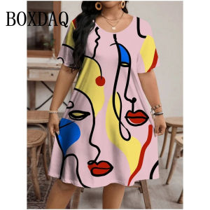 2026 Fashion Women Dress Painted Art Face Streetwear Pattern Print Summer Dress Casual Short Sleeve Loose Dresses Plus Size 9XL