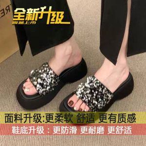 [Free Shipping] Black sequined open-toe thick-soled sandals for women new summer fashion square toe waterproof platform high heel comfortable