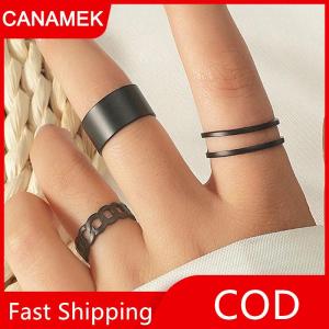 【CANAMEK】 3 6 chiếc nhẫn màu đen cổ điển thiết lập cho phụ nữ cô gái Punk kim loại hình học đơn giản