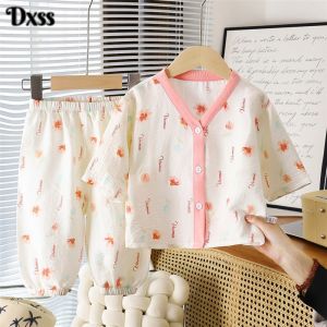 DXSS ชุดนอนเด็กบางสำหรับฤดูร้อนชุดนอนคาร์ดิแกนคอวีพิมพ์ลายการ์ตูนน่ารัก Pakaian Rumahan ปรับอากาศผ้าฝ้ายลำลอง100%