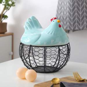 Egg tray basket organizer storage with ceramic farm chicken lid fruit vegetable snack basket for kitchen storage