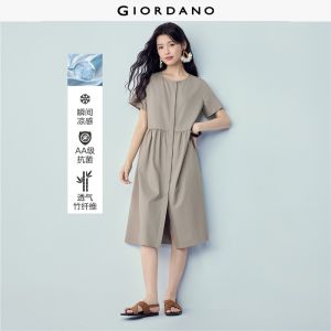 Giordano Women Dress Cool-Tech Woven Round Neck Antibacterial Midi Slight Stretch Free Shipping 05466335