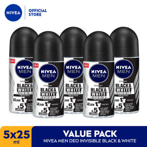 NIVEA MEN Deodorant Roll On Black & White Invisible Original 25ml x5 - Deodoran pria melawan bakteri keringat bau badan teknologi anti noda kuning putih dan residu wangi segar 72 jam - Antiperspiran tidak mengandung ethyl alkohol