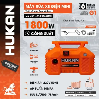 Máy rửa xe điện Mini Hukan G1-RX1801MNcông suất 1800WÁp suất 10MPALưu lượng 7L/Min