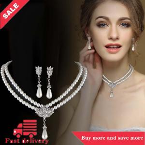 [COD] Elegant Simulated-pearl Bridal Jewelry Sets Rhinestone Pearl Drop Necklace+Earrings Wedding Jewelry Gift