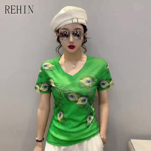 REHIN Womens top New Summer Mesh unique pattern print short sleeve T-shirt fashion V-neck slim fit S-3XL elegant blouse