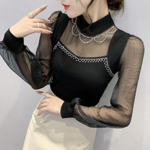 YIMEI เสื้อซับในแขนยาวครึ่งคอสูง2023ฤดูใบไม้ร่วงเสื้อเซ็กซี่ตาข่ายอุตสาหกรรมหนักเพชรร้อนแรงเสื้อยืดผู้หญิงเข้ารูปพอดีเงางาม