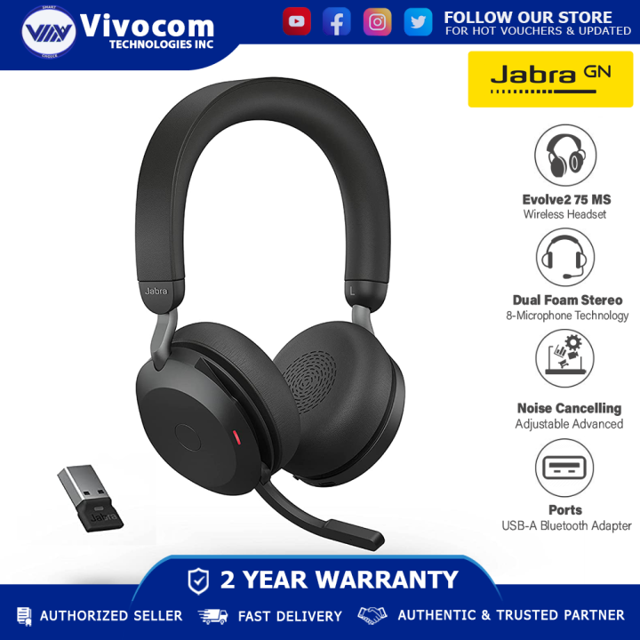 Jabra Evolve2 75 MS Wireless Headset with 8-Microphone Technology
